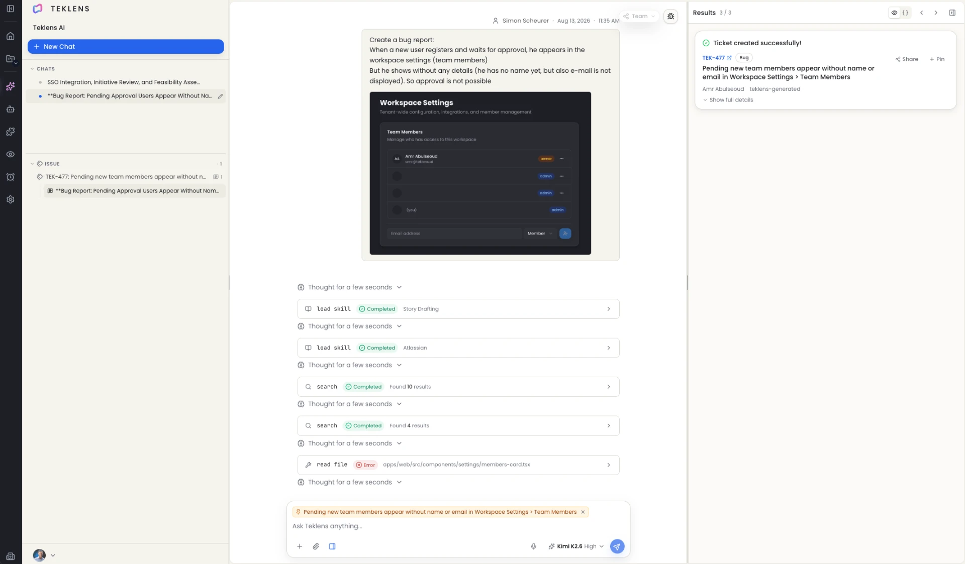 Teklens in light mode: bug report with screenshot and agent steps