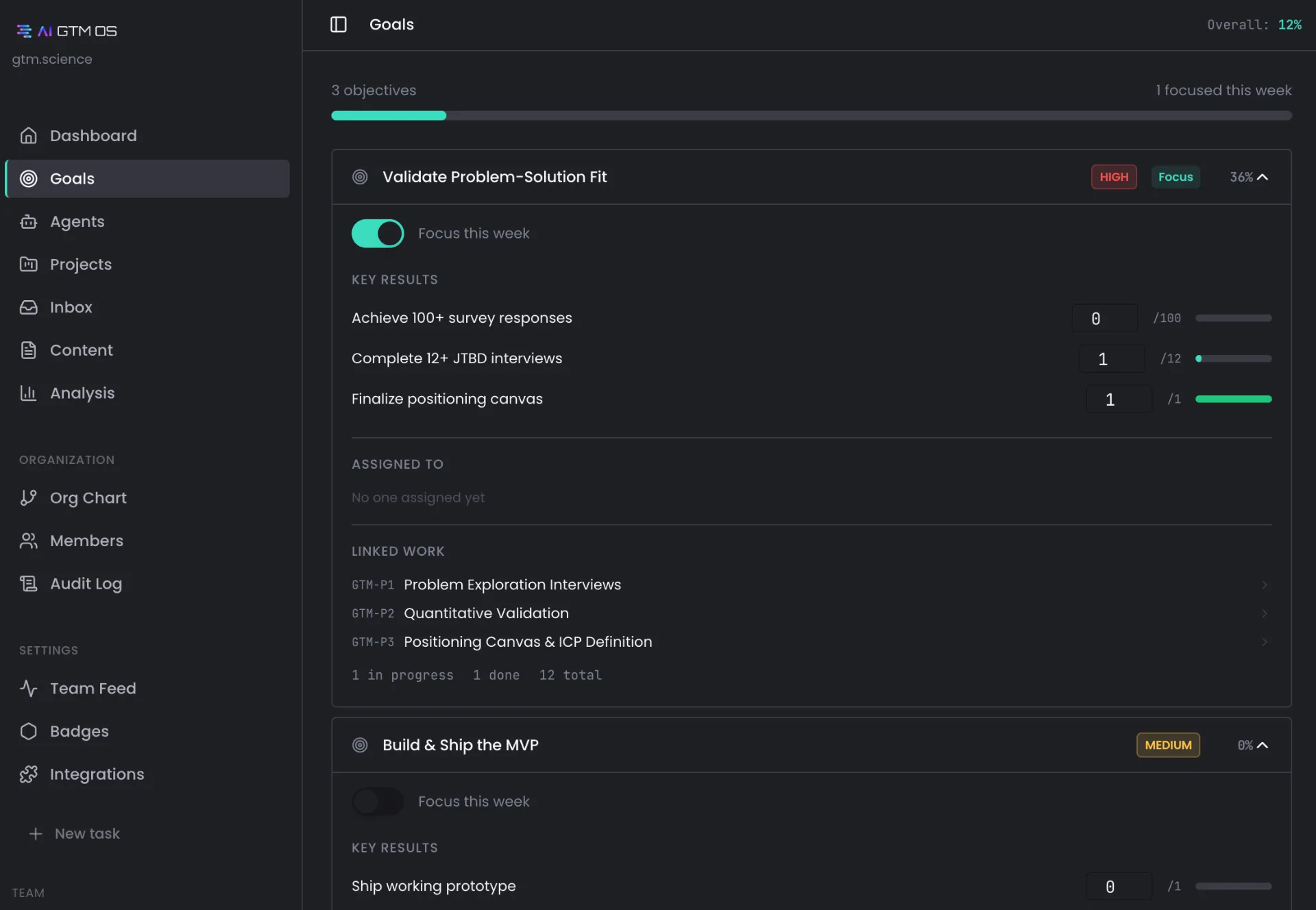 GTM OS — Goals with focus mode and key results